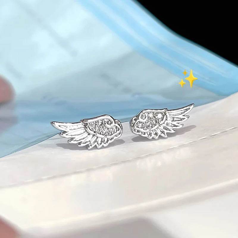 Luxury Zircon Angel Wing Cross Stud Earrings for Women Shiny Crystal Wings Fashion Silver Color Vintage Ear Studs Jewelry Gifts