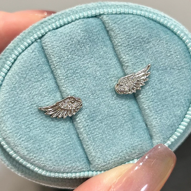 Luxury Zircon Angel Wing Cross Stud Earrings for Women Shiny Crystal Wings Fashion Silver Color Vintage Ear Studs Jewelry Gifts