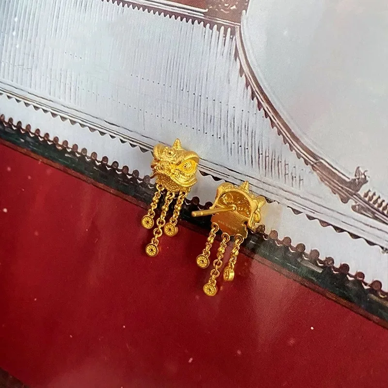 Women's 24K Gold (AU999) Lion Dance Tassel Earrings | Openwork lion pattern, micro-diamond glow with magnetic closure