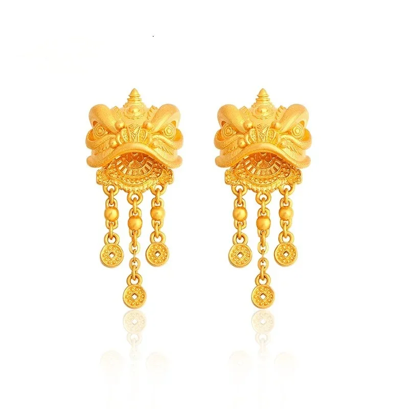 Women's 24K Gold (AU999) Lion Dance Tassel Earrings | Openwork lion pattern, micro-diamond glow with magnetic closure