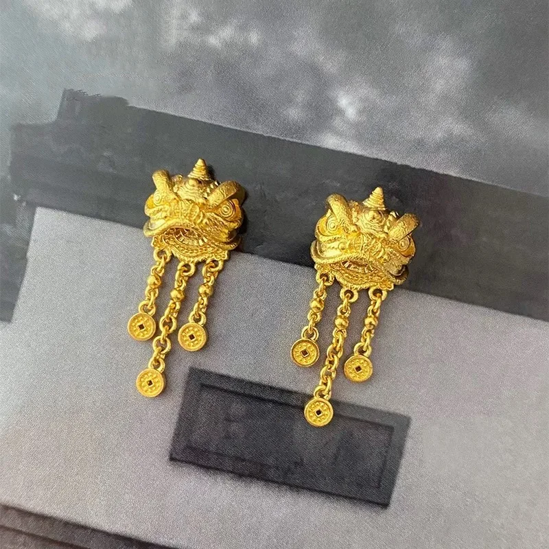 Women's 24K Gold (AU999) Lion Dance Tassel Earrings | Openwork lion pattern, micro-diamond glow with magnetic closure