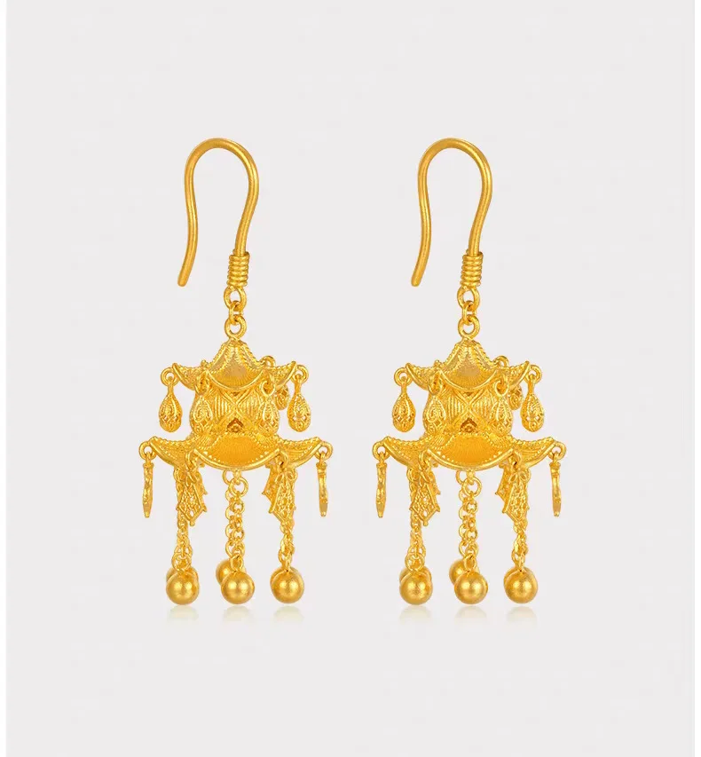 Women's 24K Gold (AU999) Ancient Pavilion Lantern Earrings | Matte-Gilt Two-Tone Lantern, Chiseled Lotus with Pearl Tassel