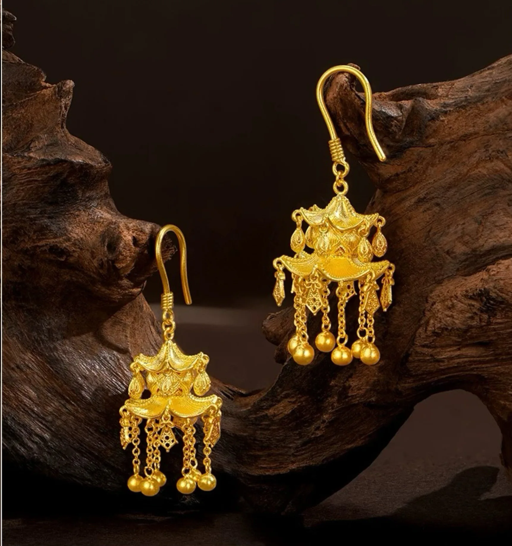Women's 24K Gold (AU999) Ancient Pavilion Lantern Earrings | Matte-Gilt Two-Tone Lantern, Chiseled Lotus with Pearl Tassel