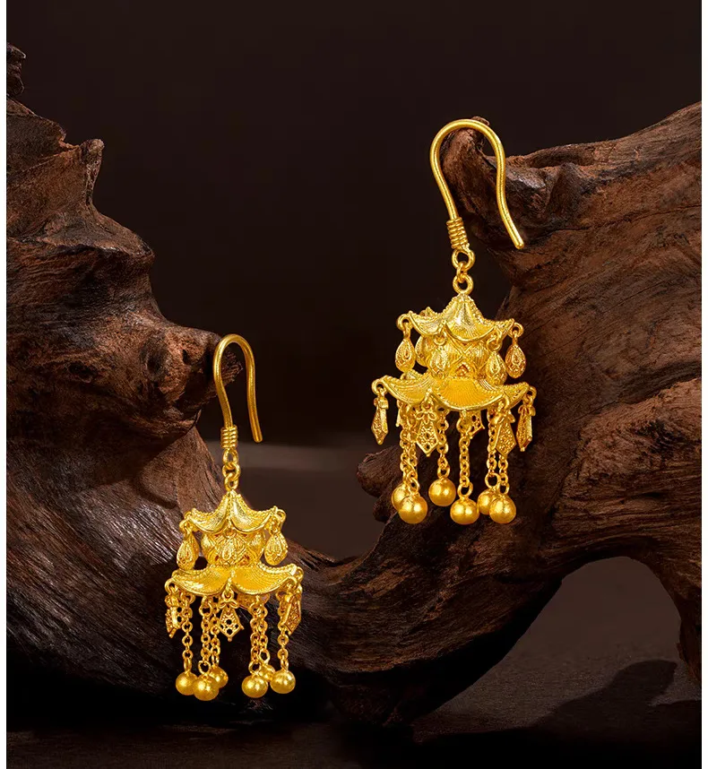 Women's 24K Gold (AU999) Ancient Pavilion Lantern Earrings | Matte-Gilt Two-Tone Lantern, Chiseled Lotus with Pearl Tassel