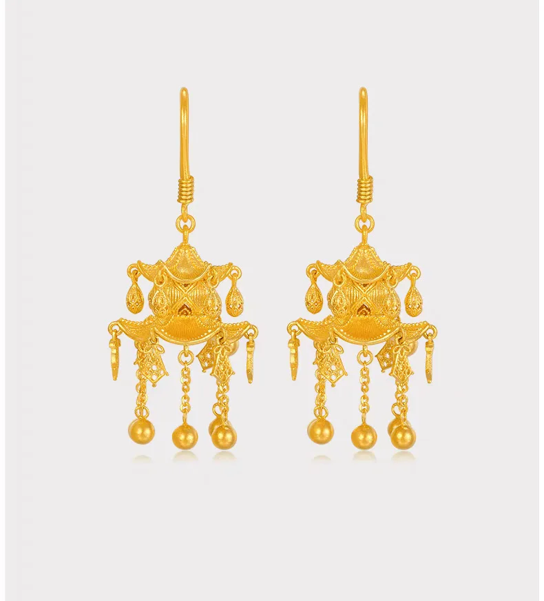Women's 24K Gold (AU999) Ancient Pavilion Lantern Earrings | Matte-Gilt Two-Tone Lantern, Chiseled Lotus with Pearl Tassel