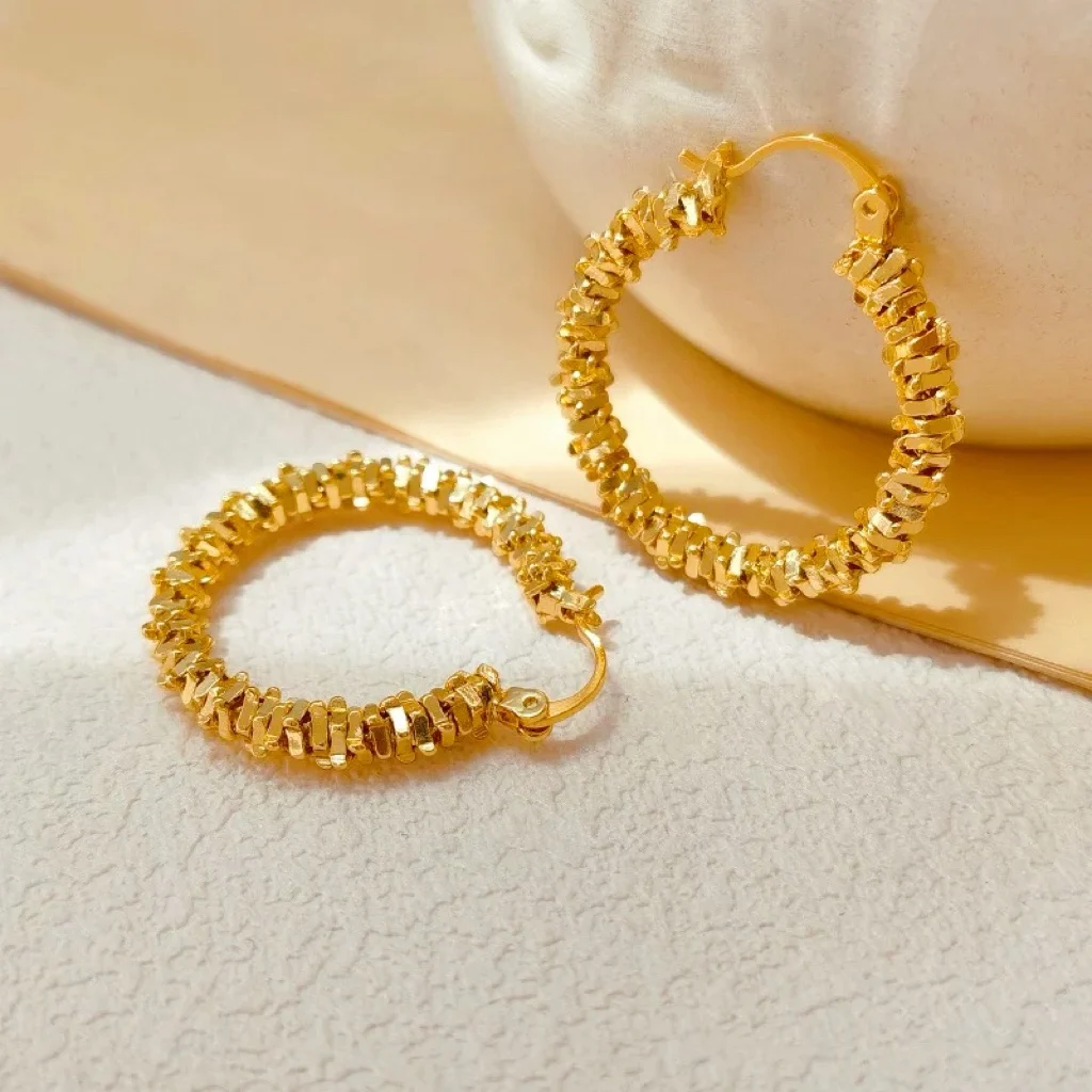 Women's 24K Gold (AU999) Minimalist Fragment Hoop Earrings | 3D Relief Fragments, Hammered Galaxy Texture with Turquoise Inlays