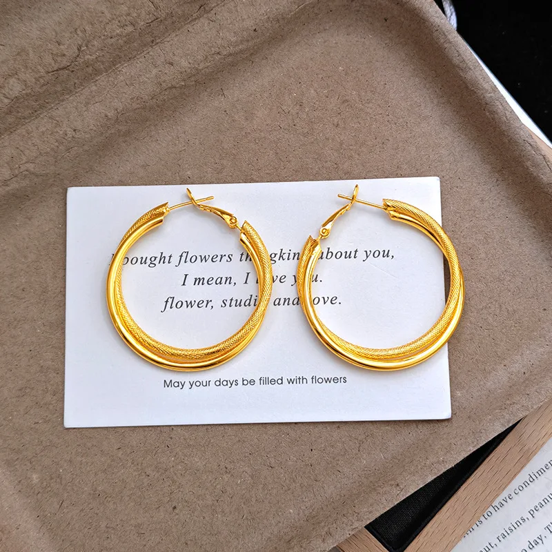 Interconnected double rings create generous outlines, women's Large Double Hoop Plain Earrings of 24K Gold AU999 for daily