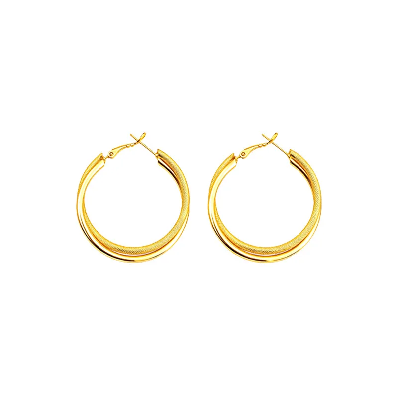 Interconnected double rings create generous outlines, women's Large Double Hoop Plain Earrings of 24K Gold AU999 for daily