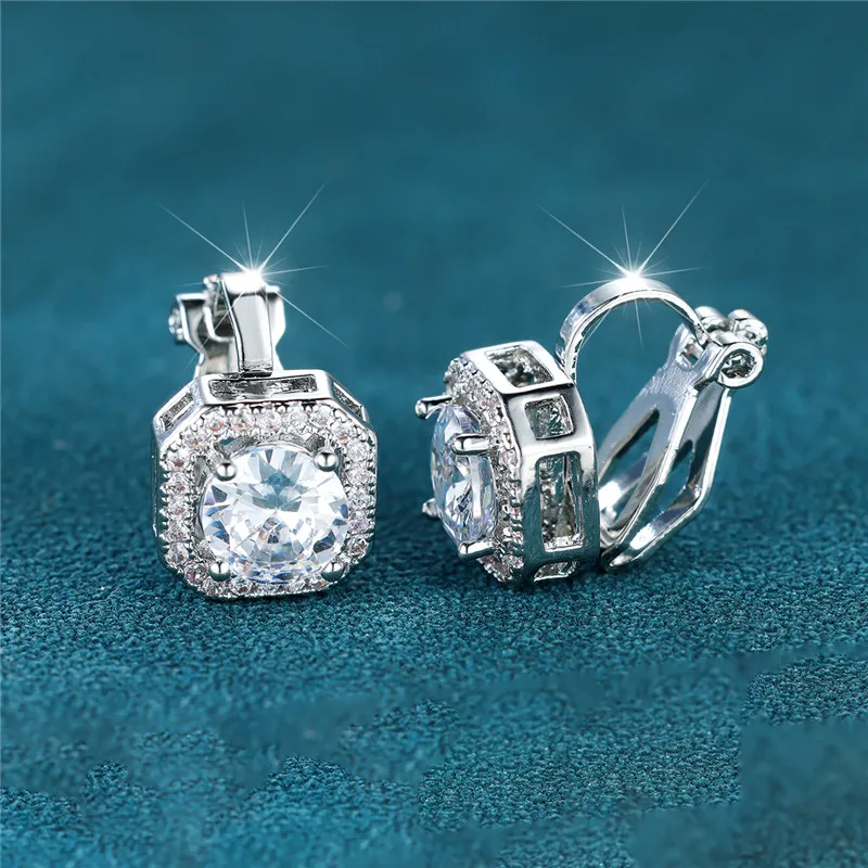 Female Cute Small Clip Earrings White Zircon Round Stone Earrings For Women Vintage Silver Color Crystal Jewelry Bridal Earrings
