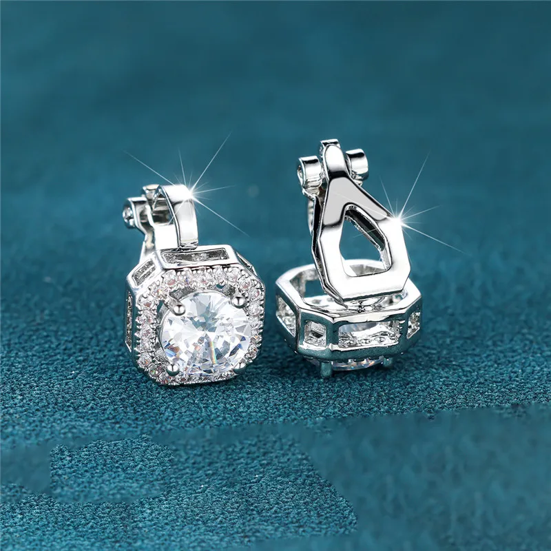 Female Cute Small Clip Earrings White Zircon Round Stone Earrings For Women Vintage Silver Color Crystal Jewelry Bridal Earrings Female Cute Small Clip Earrings White Zircon Round Stone Earrings For Women Vintage Silver Color Crystal Jewelry Bridal Earrings