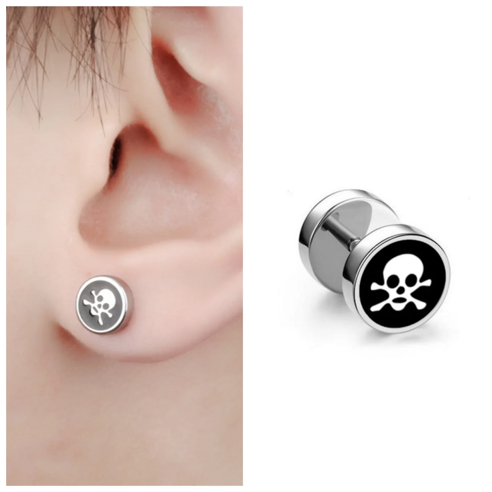 Hypoallergenic Stainless Steel black Pirate Skull Circle stud earrings Gothic Punk Halloween Decorative Jewelry For Men Women Hypoallergenic Stainless Steel black Pirate Skull Circle stud earrings Gothic Punk Halloween Decorative Jewelry For Men Women
