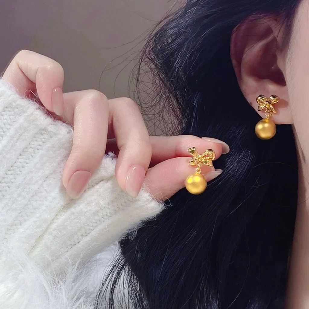 24K Gold AU999 Women's Bowknot Bead Earrings - 3D Bow with Polished Beads, Fine Texture, Luxury Nimble Flattering Charm
