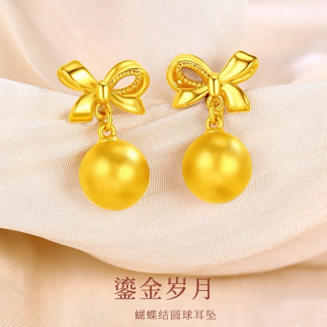 24K Gold AU999 Women's Bowknot Bead Earrings - 3D Bow with Polished Beads, Fine Texture, Luxury Nimble Flattering Charm