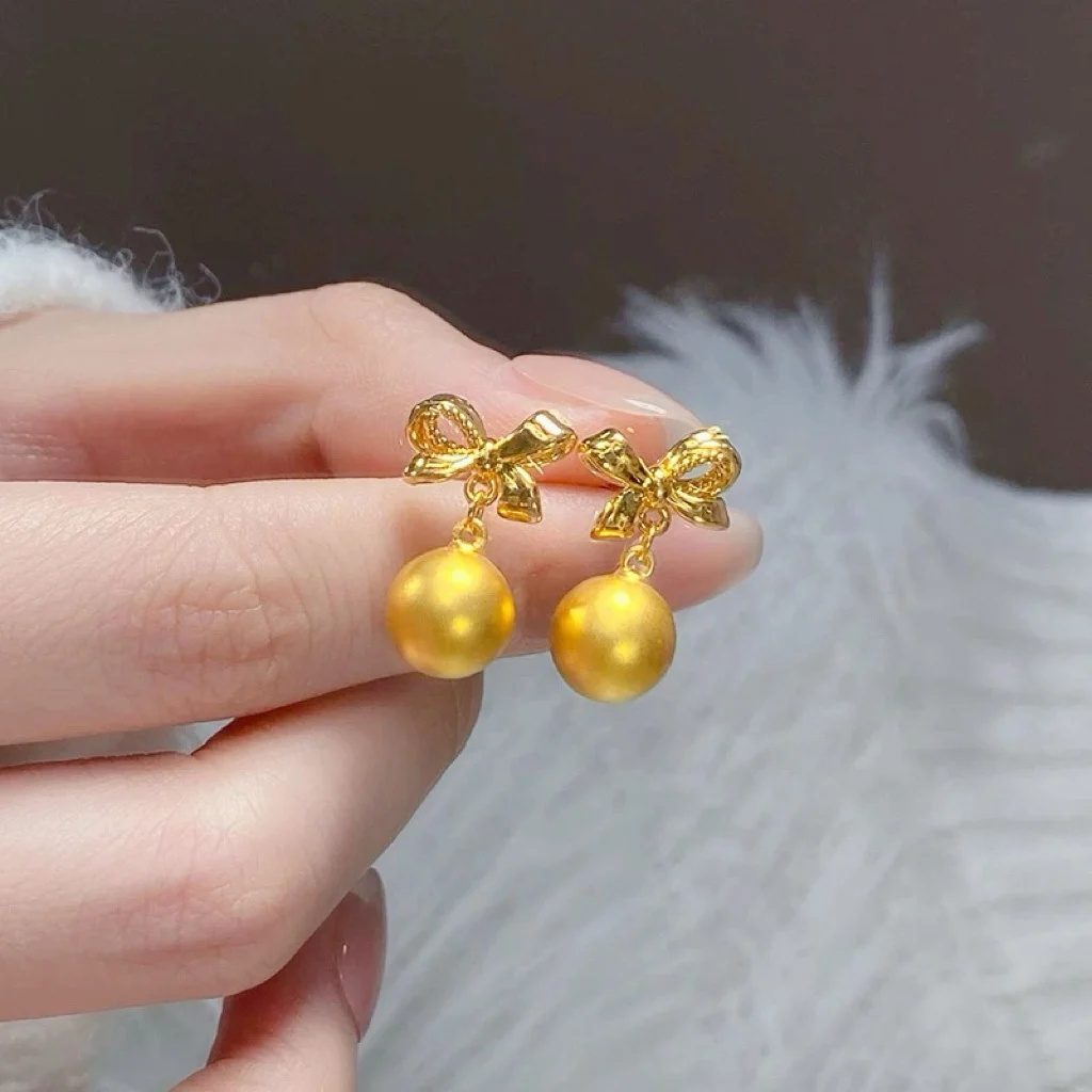 24K Gold AU999 Women's Bowknot Bead Earrings - 3D Bow with Polished Beads, Fine Texture, Luxury Nimble Flattering Charm