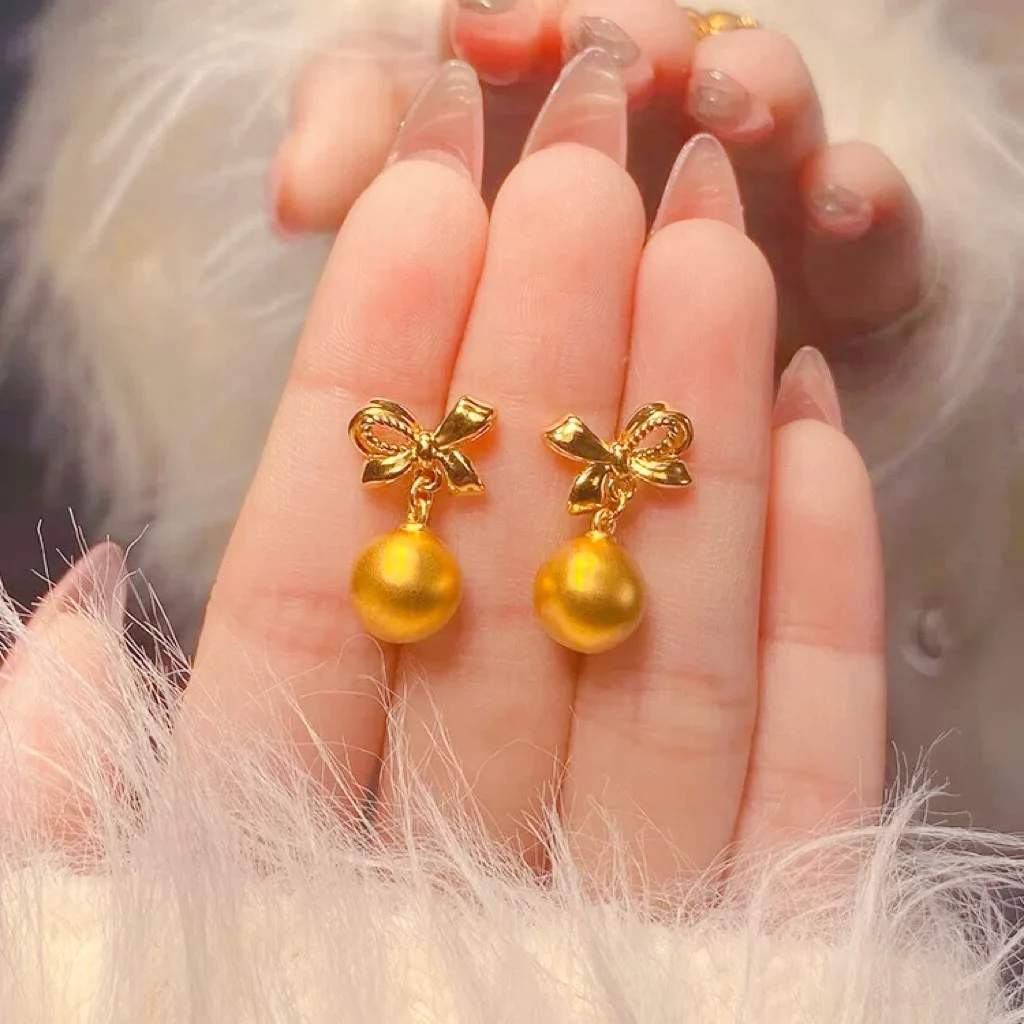 24K Gold AU999 Women's Bowknot Bead Earrings - 3D Bow with Polished Beads, Fine Texture, Luxury Nimble Flattering Charm