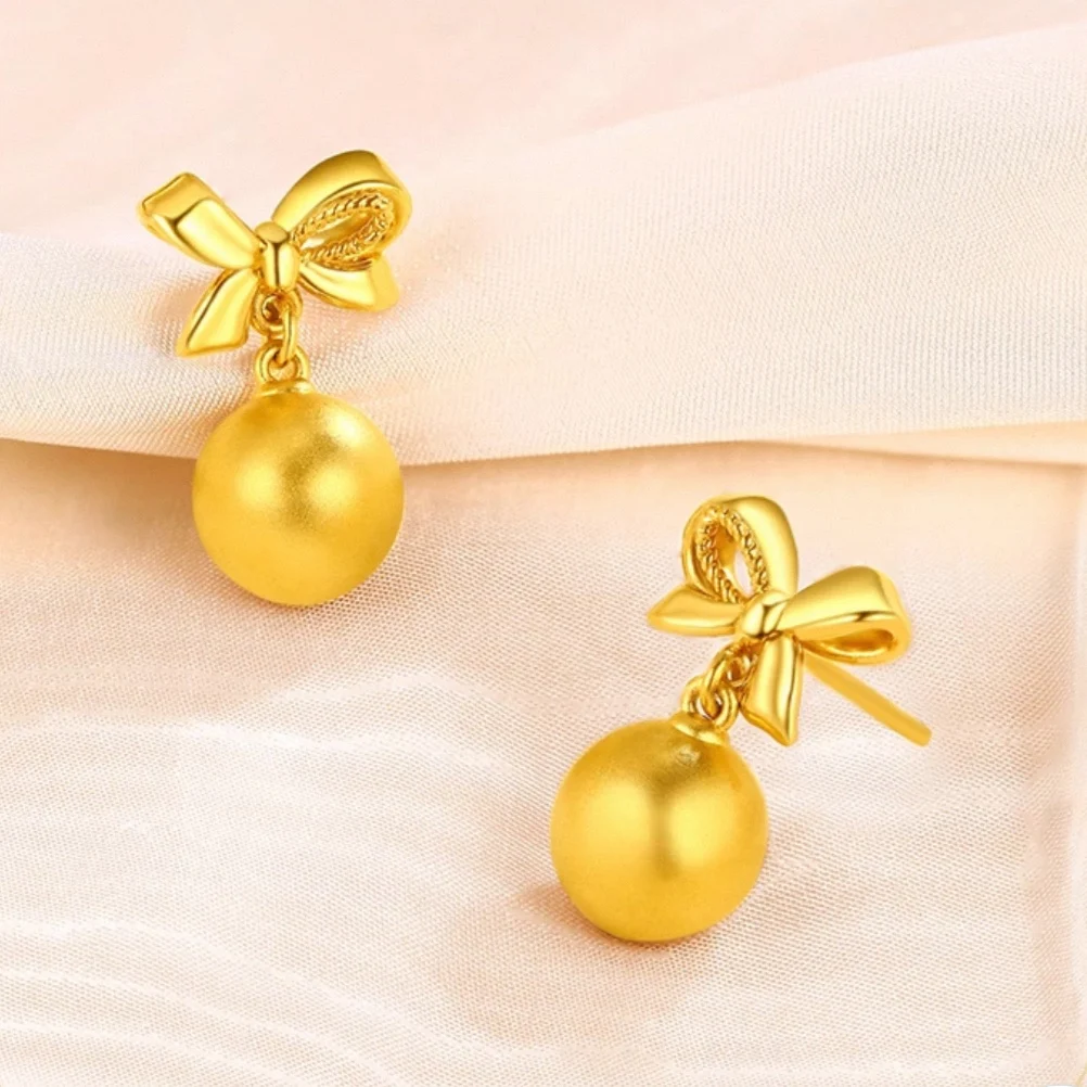 24K Gold AU999 Women's Bowknot Bead Earrings - 3D Bow with Polished Beads, Fine Texture, Luxury Nimble Flattering Charm