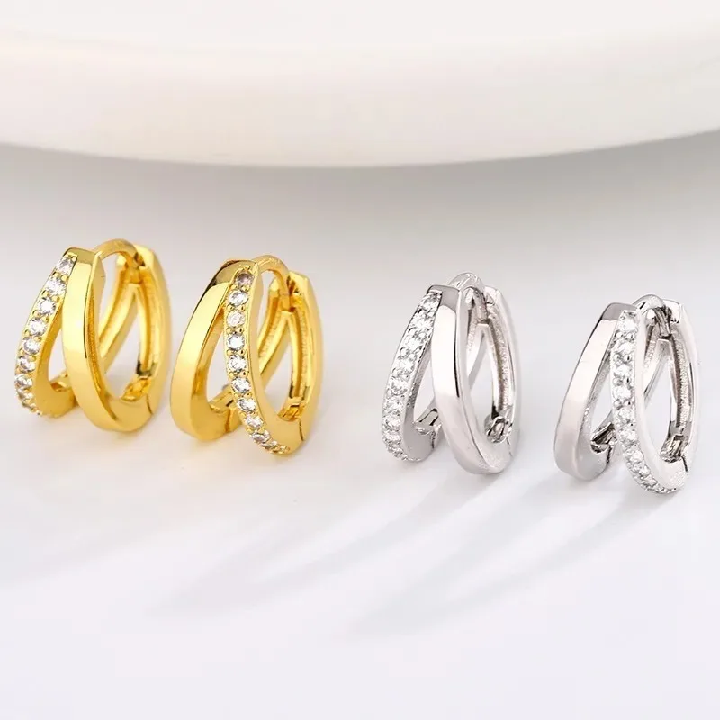 Stainless Steel Gold Color Circle Hoop Earrings for Women Simple Cubic Zircon Double Ring Earring Cartilage Piercing Jewelry