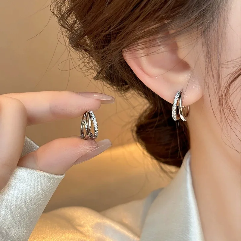 Stainless Steel Gold Color Circle Hoop Earrings for Women Simple Cubic Zircon Double Ring Earring Cartilage Piercing Jewelry
