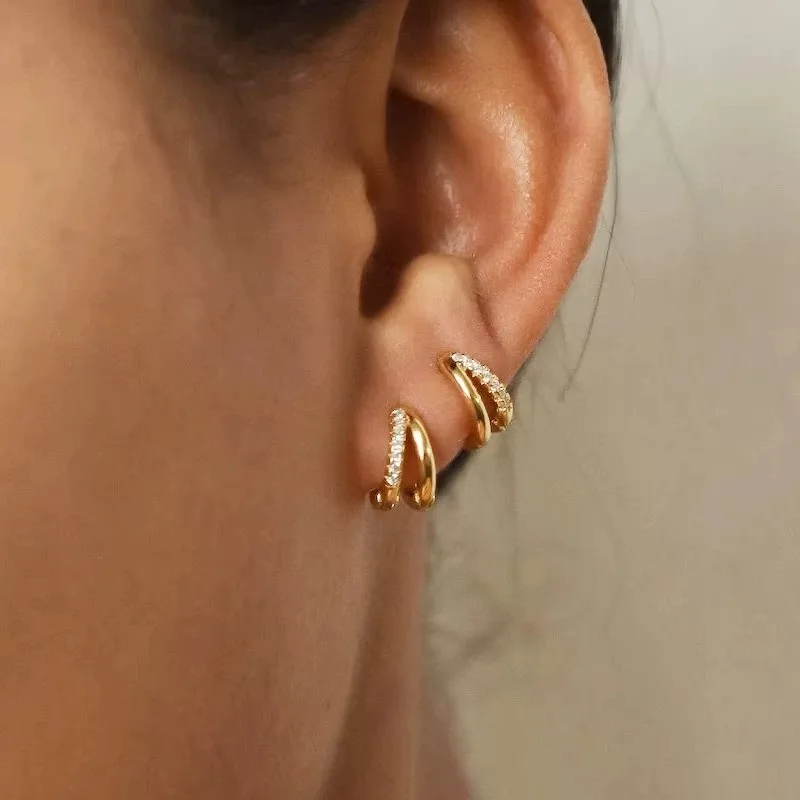Stainless Steel Gold Color Circle Hoop Earrings for Women Simple Cubic Zircon Double Ring Earring Cartilage Piercing Jewelry