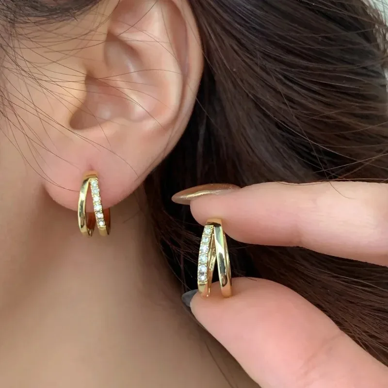 Stainless Steel Gold Color Circle Hoop Earrings for Women Simple Cubic Zircon Double Ring Earring Cartilage Piercing Jewelry