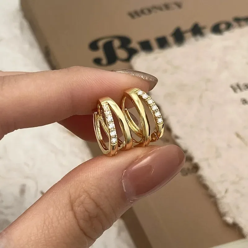 Stainless Steel Gold Color Circle Hoop Earrings for Women Simple Cubic Zircon Double Ring Earring Cartilage Piercing Jewelry