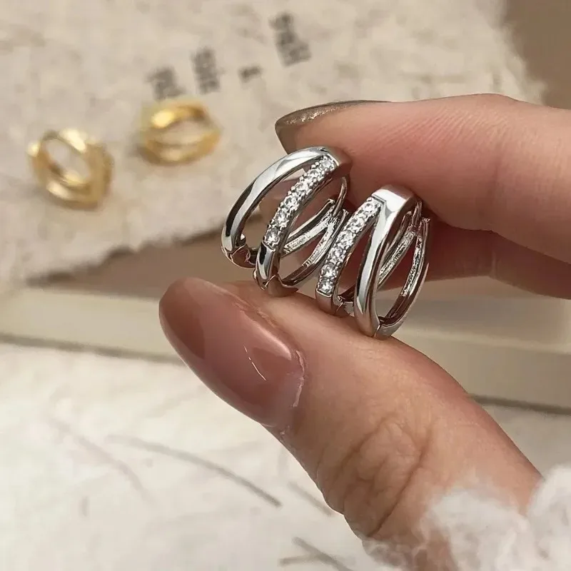 Stainless Steel Gold Color Circle Hoop Earrings for Women Simple Cubic Zircon Double Ring Earring Cartilage Piercing Jewelry