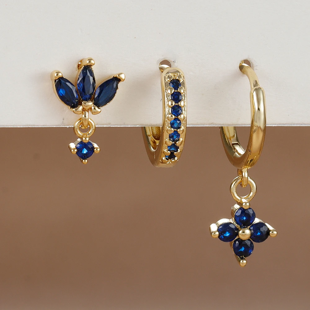 3PCS Fashion Orange Blue Zircon Hanging Earrings Set for Women Stainless Steel Flower Dangle Earring Piercing Jewelry