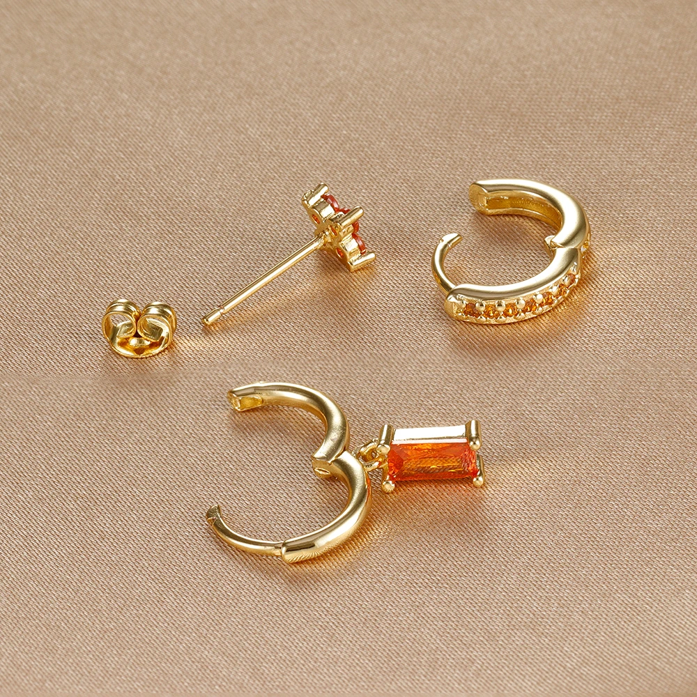 3PCS Fashion Orange Blue Zircon Hanging Earrings Set for Women Stainless Steel Flower Dangle Earring Piercing Jewelry