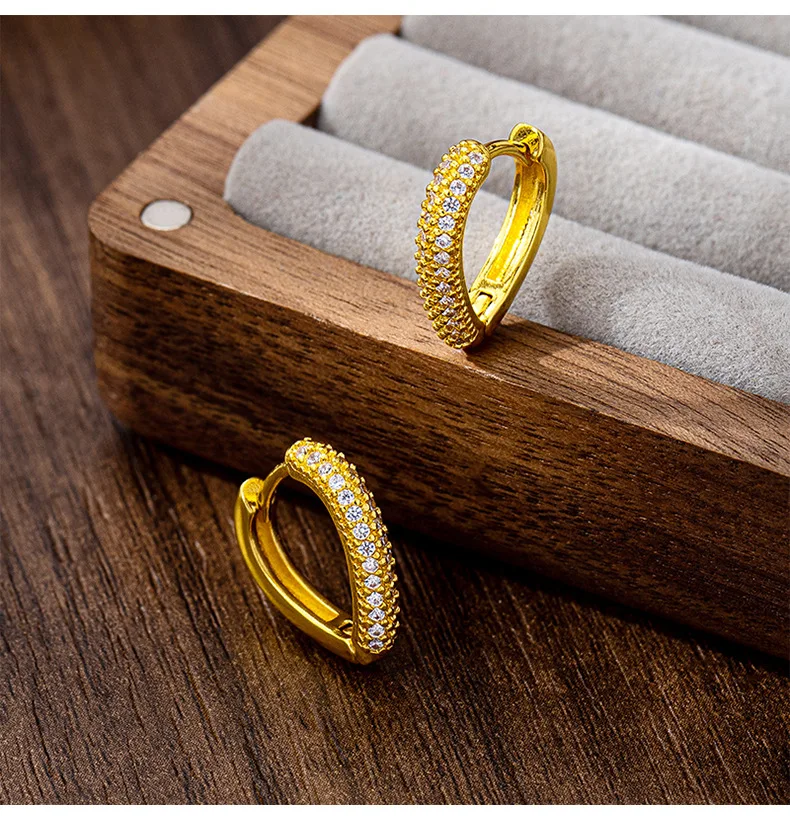 Zircon-Inlaid Heart Hoop Earrings 24K Gold AU999 Women - Classic style, mellow 24K texture, reliable AU999, versatile for outfit