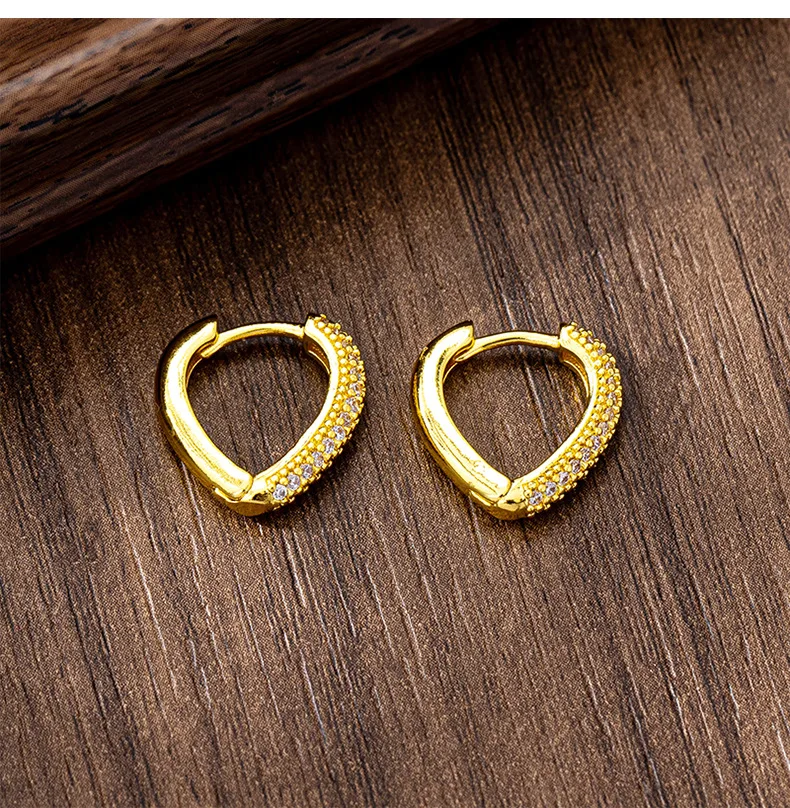 Zircon-Inlaid Heart Hoop Earrings 24K Gold AU999 Women - Classic style, mellow 24K texture, reliable AU999, versatile for outfit