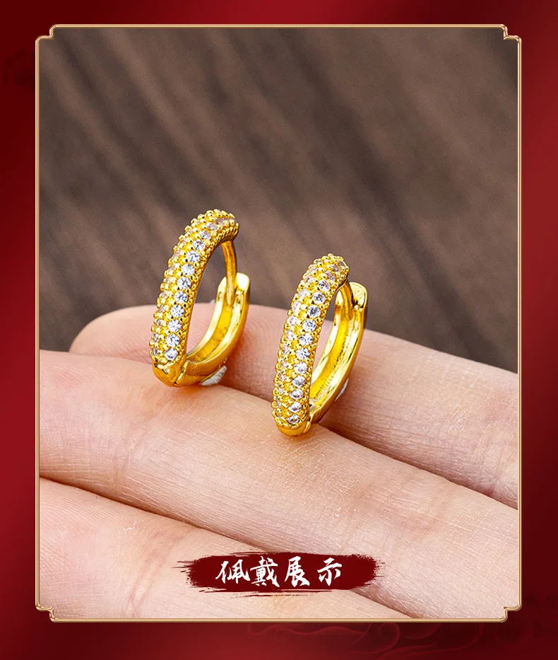 Zircon-Inlaid Heart Hoop Earrings 24K Gold AU999 Women - Classic style, mellow 24K texture, reliable AU999, versatile for outfit