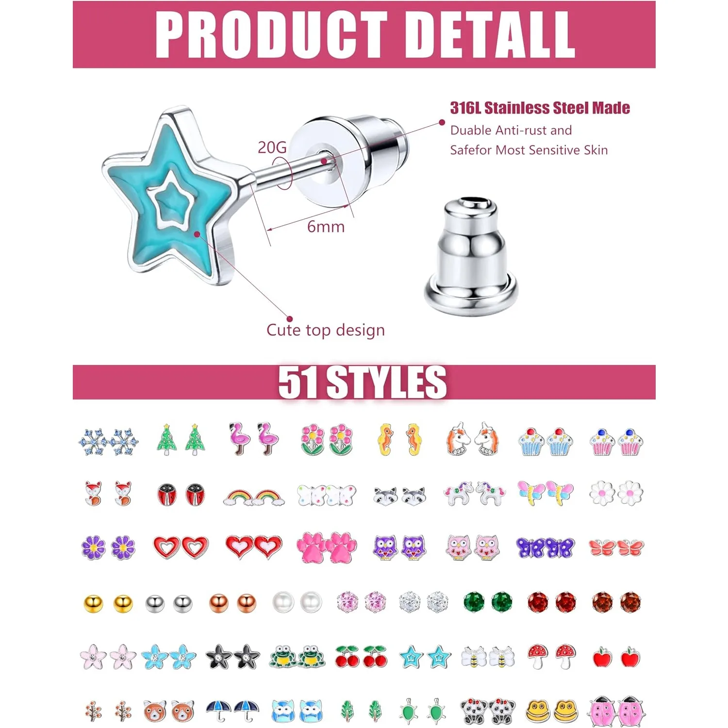 51 Pairs Stainless Steel Stud Earring Set for Women, Hypoallergenic Piercing Jewellery, Perfect for Sensitive Ears, Coloured Cubic Zirconia Animal Flower Fruit Pearl Star Tiny Studs, Multi Style Daint 51 Pairs Stainless Steel Stud Earring Set for Women, Hypoallergenic Piercing Jewellery, Perfect for Sensitive Ears, Coloured Cubic Zirconia Animal Flower Fruit Pearl Star Tiny Studs, Multi Style Daint