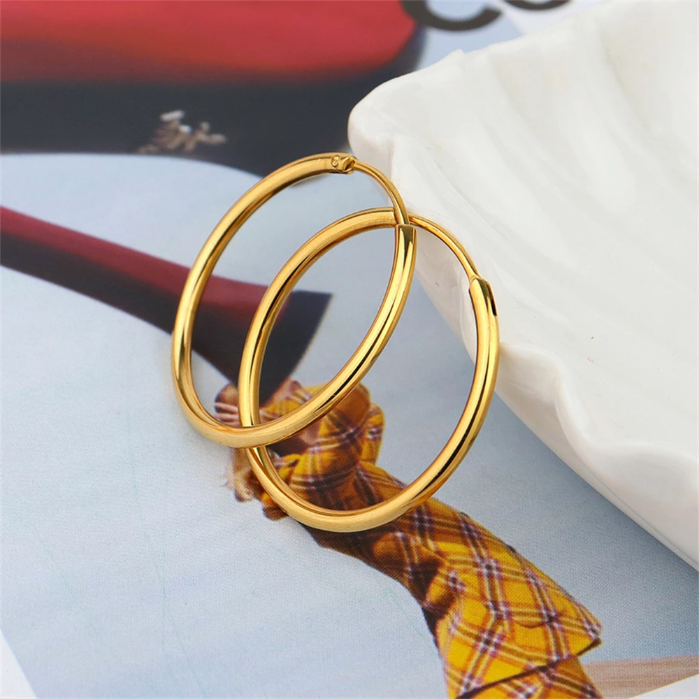 Gold Plated Smooth Round Circle Big Hoop Earrings for Women Size 12/25/30/40/50/60mm Stainless Steel Jewelry Accessories Gifts Gold Plated Smooth Round Circle Big Hoop Earrings for Women Size 12/25/30/40/50/60mm Stainless Steel Jewelry Accessories Gifts
