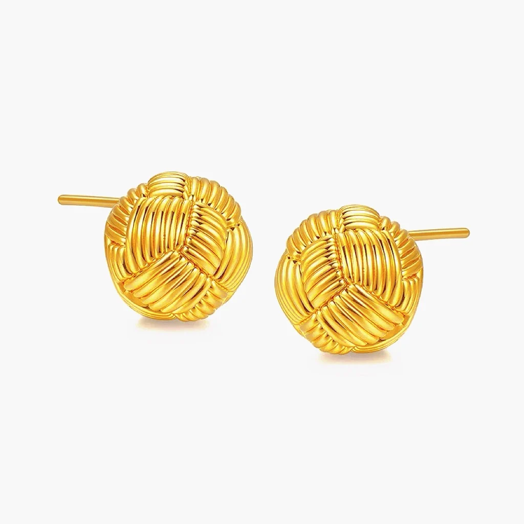 Woven Brushed Round Earrings Women's 24K Gold AU999 - Cute tiny round shape, vintage woven design, for afternoon tea dates