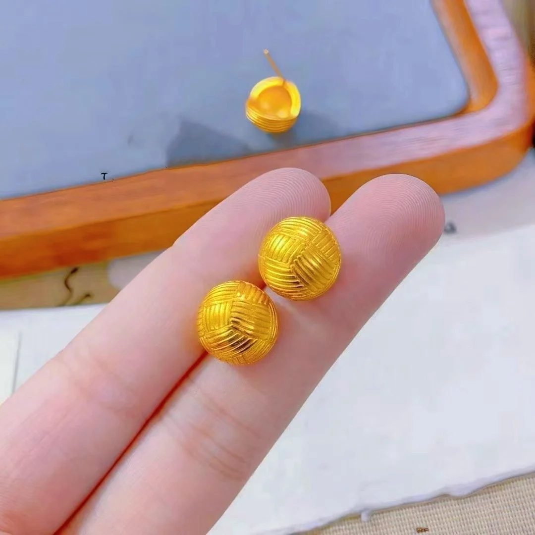 Woven Brushed Round Earrings Women's 24K Gold AU999 - Cute tiny round shape, vintage woven design, for afternoon tea dates