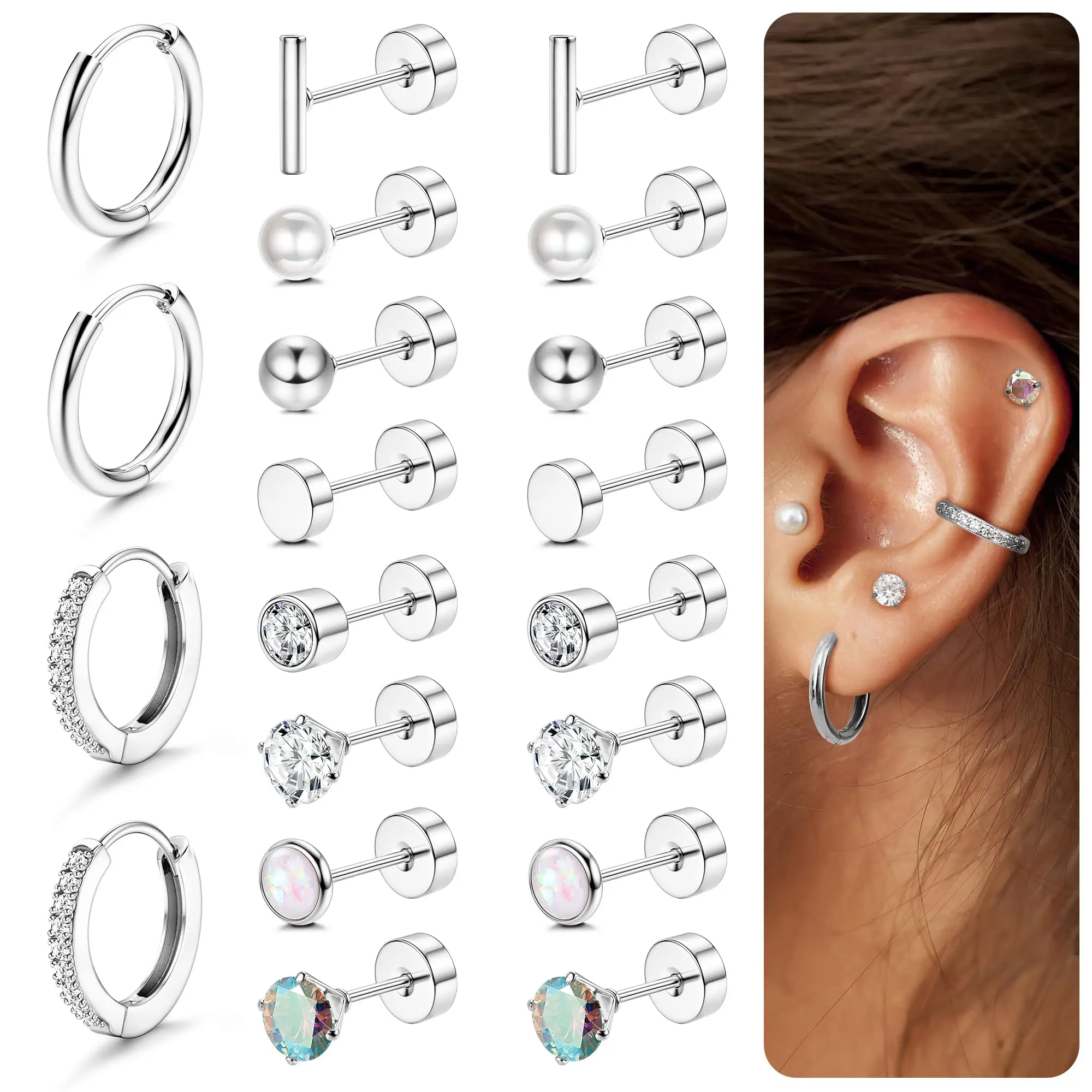 Earrings for Sensitive Ears-20G Flat Back Earrings for Women Men-Small Surgical Steel Stud Earrings Hoop Cartilage Nap Earring Sets