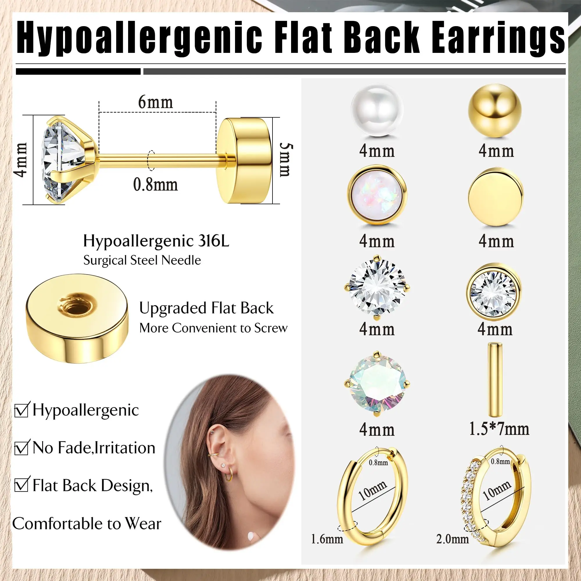Earrings for Sensitive Ears-20G Flat Back Earrings for Women Men-Small Surgical Steel Stud Earrings Hoop Cartilage Nap Earring Sets