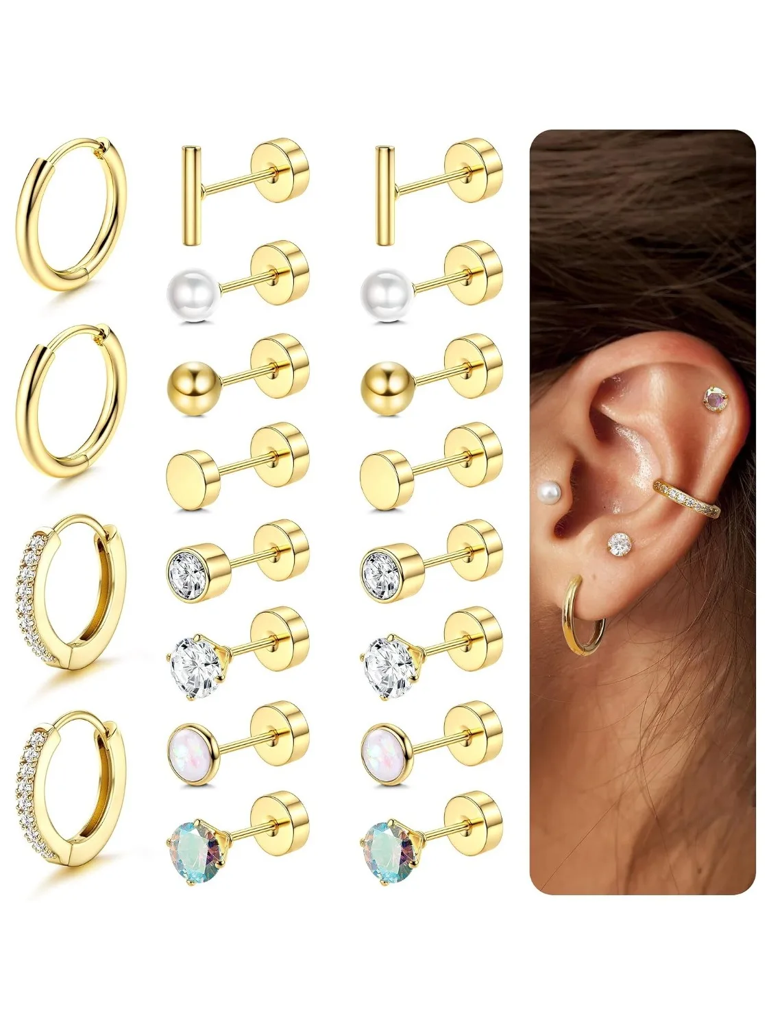 Earrings for Sensitive Ears-20G Flat Back Earrings for Women Men-Small Surgical Steel Stud Earrings Hoop Cartilage Nap Earring Sets