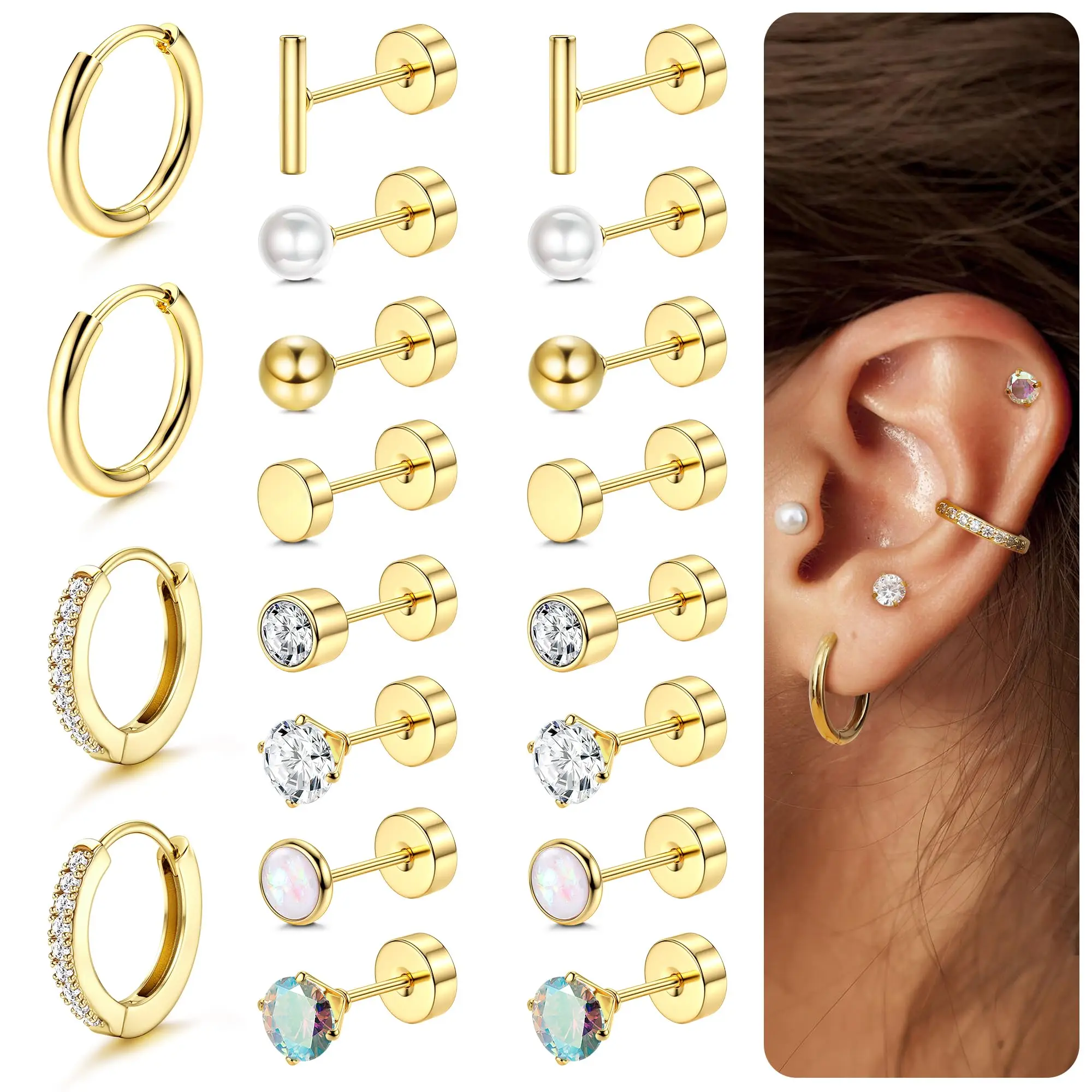 Earrings for Sensitive Ears-20G Flat Back Earrings for Women Men-Small Surgical Steel Stud Earrings Hoop Cartilage Nap Earring Sets Earrings for Sensitive Ears-20G Flat Back Earrings for Women Men-Small Surgical Steel Stud Earrings Hoop Cartilage Nap Earring Sets