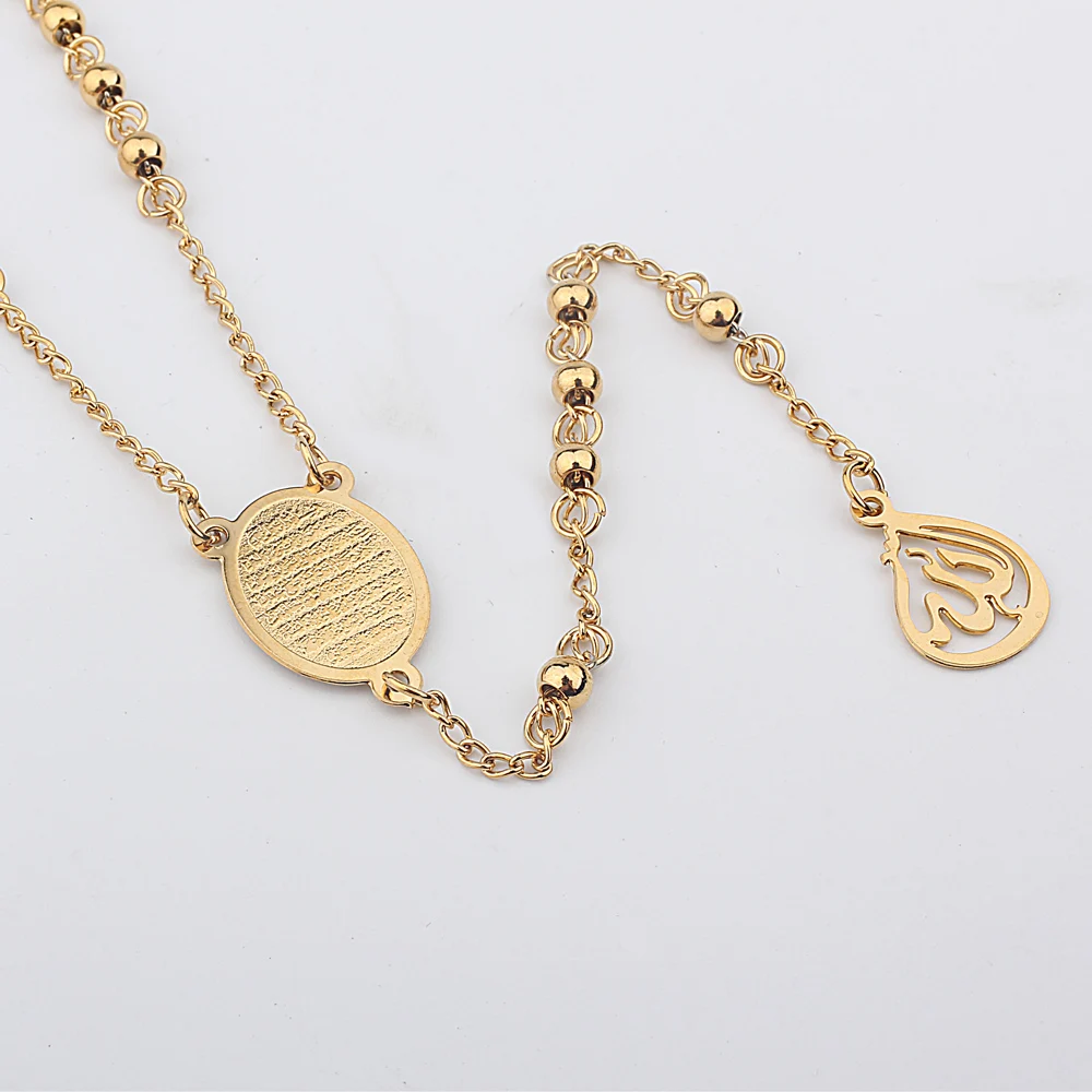 FINE4U N416 Stainless Steel Muslim Arabic Printed Pendant Necklace Gold Color 4mm Beads Rosary Necklaces For Men Women FINE4U N416 Stainless Steel Muslim Arabic Printed Pendant Necklace Gold Color 4mm Beads Rosary Necklaces For Men Women