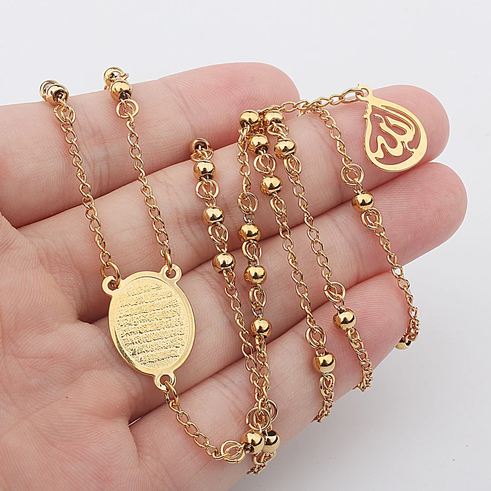 FINE4U N416 Stainless Steel Muslim Arabic Printed Pendant Necklace Gold Color 4mm Beads Rosary Necklaces For Men Women FINE4U N416 Stainless Steel Muslim Arabic Printed Pendant Necklace Gold Color 4mm Beads Rosary Necklaces For Men Women