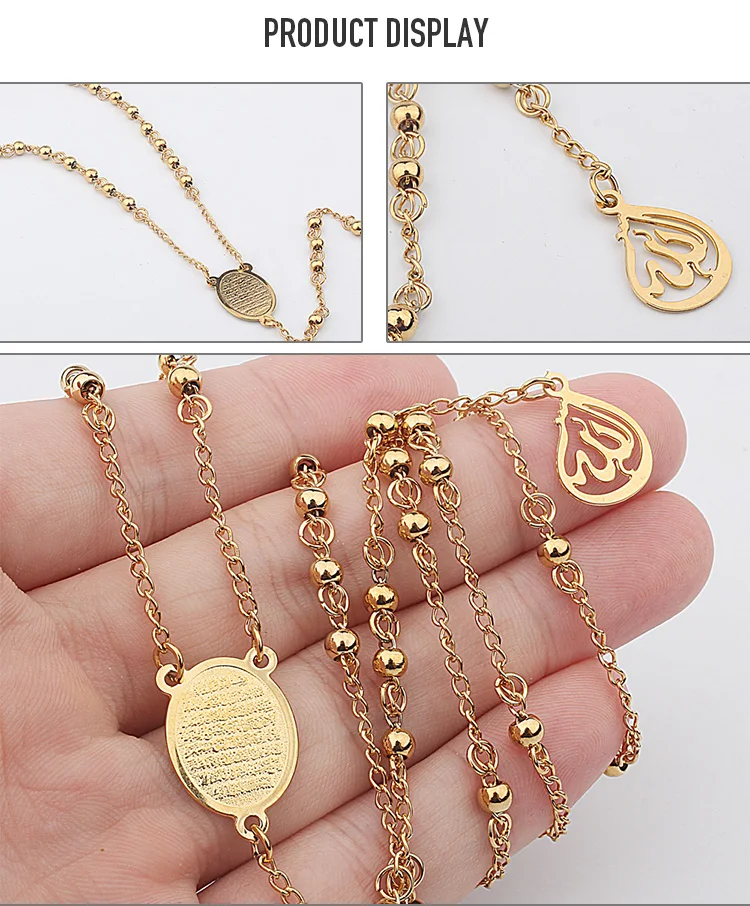FINE4U N416 Stainless Steel Muslim Arabic Printed Pendant Necklace Gold Color 4mm Beads Rosary Necklaces For Men Women FINE4U N416 Stainless Steel Muslim Arabic Printed Pendant Necklace Gold Color 4mm Beads Rosary Necklaces For Men Women