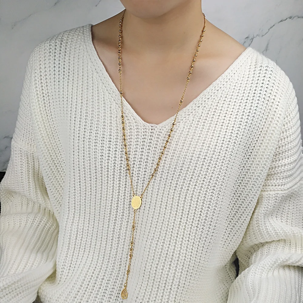 FINE4U N416 Stainless Steel Muslim Arabic Printed Pendant Necklace Gold Color 4mm Beads Rosary Necklaces For Men Women FINE4U N416 Stainless Steel Muslim Arabic Printed Pendant Necklace Gold Color 4mm Beads Rosary Necklaces For Men Women