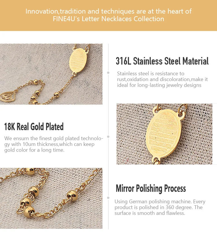 FINE4U N416 Stainless Steel Muslim Arabic Printed Pendant Necklace Gold Color 4mm Beads Rosary Necklaces For Men Women FINE4U N416 Stainless Steel Muslim Arabic Printed Pendant Necklace Gold Color 4mm Beads Rosary Necklaces For Men Women