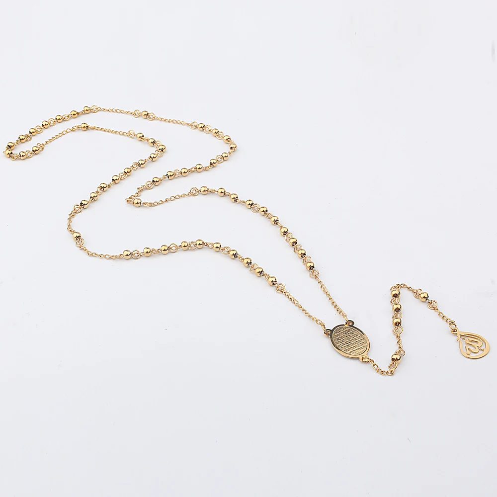 FINE4U N416 Stainless Steel Muslim Arabic Printed Pendant Necklace Gold Color 4mm Beads Rosary Necklaces For Men Women FINE4U N416 Stainless Steel Muslim Arabic Printed Pendant Necklace Gold Color 4mm Beads Rosary Necklaces For Men Women