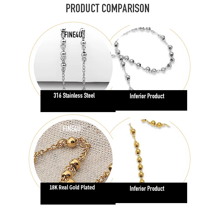 FINE4U N416 Stainless Steel Muslim Arabic Printed Pendant Necklace Gold Color 4mm Beads Rosary Necklaces For Men Women FINE4U N416 Stainless Steel Muslim Arabic Printed Pendant Necklace Gold Color 4mm Beads Rosary Necklaces For Men Women