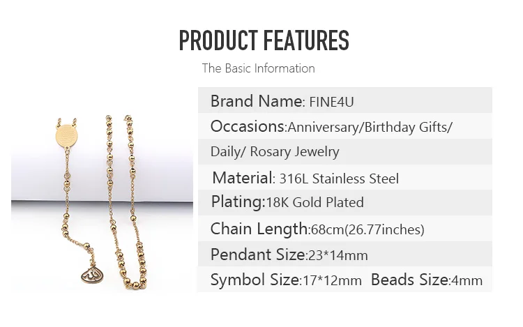 FINE4U N416 Stainless Steel Muslim Arabic Printed Pendant Necklace Gold Color 4mm Beads Rosary Necklaces For Men Women FINE4U N416 Stainless Steel Muslim Arabic Printed Pendant Necklace Gold Color 4mm Beads Rosary Necklaces For Men Women