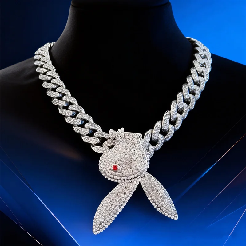 Fashion Full Crystal Long Ear Rabbit Pendant Necklace With Miani Cuban Chain For Men Women Hip Hop Iced Out Party Jewelry
