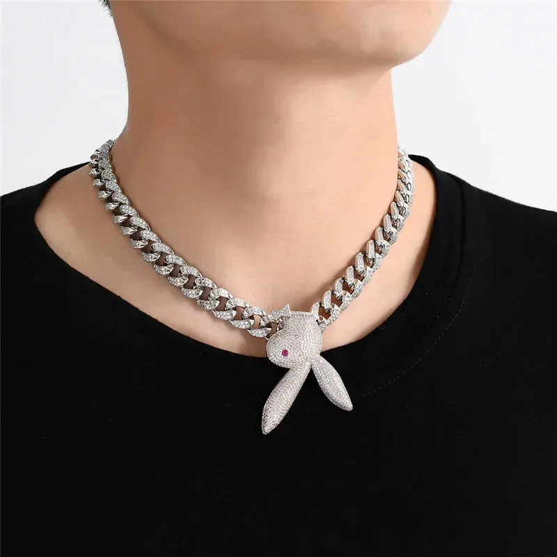 Fashion Full Crystal Long Ear Rabbit Pendant Necklace With Miani Cuban Chain For Men Women Hip Hop Iced Out Party Jewelry