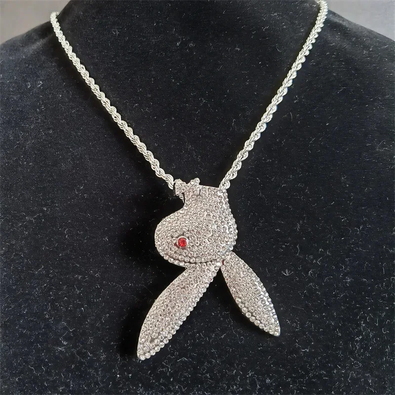 Fashion Full Crystal Long Ear Rabbit Pendant Necklace With Miani Cuban Chain For Men Women Hip Hop Iced Out Party Jewelry